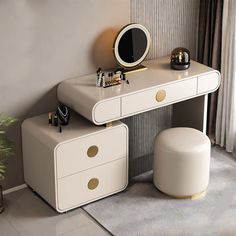 a white dressing table with two drawers and a mirror on the top, next to a potted plant