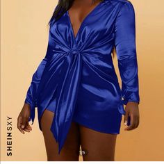 Shein Sexy Plus Deep V Neck Knot Front Dress Royal Blue Size 16 Blue Satin Long Sleeve Mini Dress, Blue Long Sleeve Mini Dress For Club, Royal Blue V-neck Mini Dress For Night Out, Blue Long Sleeve Club Mini Dress, Royal Blue V-neck Mini Dress For Party, Blue V-neck Mini Dress For Club, Blue V-neck Mini Dress For Going Out, Bodycon Dress Plus Size, Knot Front Dress