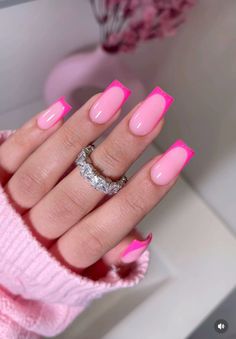 insta: @lacaniaaa #nails #nailart #squarenails #pinknails Light And Hot Pink French Tip Nails, Hot Pink Birthday Nails Short, Long Square Acrylic Nails Designs Pink, Summer Nail Designs 2024 Square, Pink Ombre Square Nails, Pink Nail Designs Square Medium, Pink On Pink French Tip Nails, Pink Summer Nails 2024, Hot Pink Birthday Nails