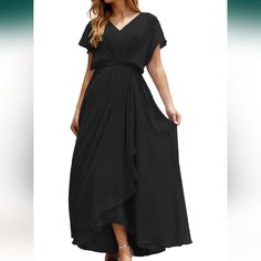 New Without Tags Beautiful Full Length Gown Black V-neck Bridesmaid Dress, Flowy V-neck Bridesmaid Dress For Evening, Flowy Long Dress For Gala, Dressy Short Sleeve Bridesmaid Dresses, Black Chiffon Evening Dress For Summer, Dressy Bridesmaid Dresses With Short Sleeves, Short Sleeve Maxi Dress For Prom, Dressy Short Sleeve Prom Dresses, Flowy Floor-length Evening Dress