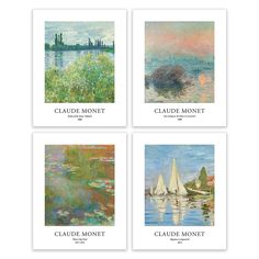 four art prints with water lilies and the words claude monet on them, all in different colors