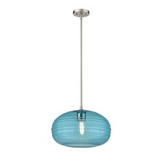 The Harmony Pendant With Blue Glass has a modern aesthetic with its eye-catching billiard style grooved, rounded shade made from blue glass and suspended from a sleek steel frame with a Brushed Nickel finish. Available in two sizes. UL listed. Blue Pendant Light, Foyer Hallway, Custom Chandelier, Contemporary Pendant, Kitchen Island Lighting, Kitchen Bedroom, Modern Aesthetic, Transitional Style, Light Pendant