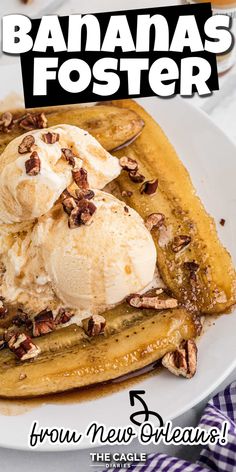 banana fosterer with ice cream and pecans on top, served in a white plate