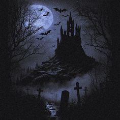 a castle in the night with bats flying over it and tombstones on the ground