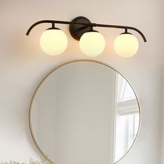 a bathroom mirror with three lights above it