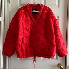 Pullover Style, Vintage, New With Tags, Size Xs-S, Water Repellent Zara Casual V-neck Outerwear, Red V-neck Casual Outerwear, Casual V-neck Outerwear By Zara, Casual V-neck Zara Outerwear, Zara Red Outerwear For Fall, Red Water, Zara Jackets, Puffer Jacket, Pullover Styling