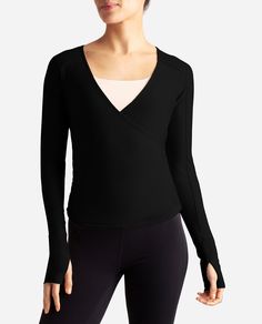 Barre Wrap Long Sleeve Top Black Yoga Tops For Fall, Fitted V-neck Top For Pilates, Black Stretch Tops For Pilates, Girl Sleeping, Womens Tights, Girls Socks, Womens Activewear, Bra Sizes, Socks Women