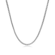 Wrap your neck in chic style and smart texture with this slim solid stainless steel wheat chain necklace for men. Crafted in stainless steel This 3.0mm-wide wheat chain is an anytime accessory you'll love to style. Wear it alone as a statement piece or layered with your other favorite necklaces. This 24.0-inch necklace secures with a lobster claw clasp. Elegant Stainless Steel Wheat Chain Necklace, Stainless Steel Wheat Chain Necklace, Chain Necklace For Men, Necklace Clasps, Necklace Chain Lengths, Necklace For Men, Steel Metal, Men Necklace, Necklace Designs