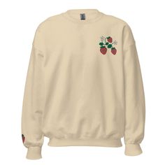 Introducing our Strawberry Embroidered Sweatshirt 2D Crewneck Sweatshirt For Family, the perfect blend of style, comfort, and family bonding! With its intricate embroidery and cozy fabric, this sweatshirt is designed to bring joy and warmth to every family member. Our sweatshirt features a vibrant strawberry design meticulously embroidered on the front, adding a playful and cheerful touch to your ensemble. The attention to detail in the embroidery brings the strawberries to life, creating a visu Trendy Embroidered Cotton Sweater, Cream Casual Tops With Embroidered Logo, Casual Cream Tops With Embroidered Logo, Cream Sweatshirt With Embroidered Logo For Winter, Casual Cream Sweater With Embroidered Logo, Fall Custom Embroidered Sweater For Streetwear, Custom Embroidery Sweater For Fall Streetwear, Custom Embroidered Sweater For Fall Streetwear, Casual Sweater With Embroidered Text And Relaxed Fit