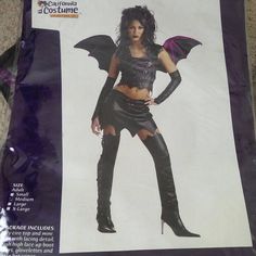 Includes Top, Mini Skirt, Thigh High Lace Up Boot Covers, Glovelettes And Glitter Wings. Adult Size. Fitted Halloween Costumes For Night Out, Black Halloween Costumes For Night Out, Thigh Highs, Lace Up Boots, Leather Pants, Halloween Costumes, Mini Skirts, Womens Sizes, Lace Up