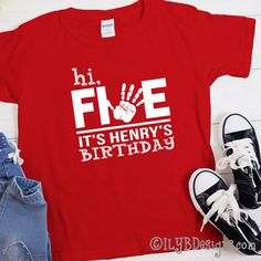 Hi five! It's your 5th birthday! Celebrate this milestone birthday with a stylish Hi Five Happy Birthday t-shirt. Customized with your child's name and "happy birthday". SIZE: 2T 3T 4T 5/6 XS youth S youth M youth L youth XL youth T-SHIRT COLOR: red royal blue black LETTER COLOR: white PERSONALIZATION: personalized with child's name MATERIAL: 100% preshrunk cotton heat transfer vinyl CARE INSTRUCTIONS: DO NOT dry clean wash inside out in cold or warm water use mild detergents dry on low setting Hi Five Birthday, 5th Birthday Shirt, Hi Five, Milestone Birthday, Black Letter, Milestone Birthdays, Birthday Shirt, 5th Birthday, Transfer Vinyl