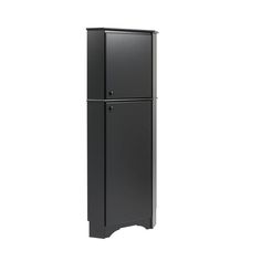 a tall black cabinet sitting on top of a white wall