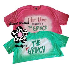 three t - shirts with the words, mrs claus and the grino on them