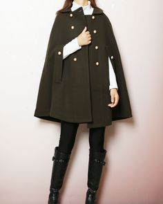 * A cool and long woolen cape coat, very elegant. * With gold color buttons and fully lined with lining. * Material: Outer-50% wool, 50% polyester; lining-100% polyester Shop sizing chart FYI ( actual body figures, not laying flat clothes measurements) Size XS (US 2, UK 6, German 32, French 34) Bust: fits bust around 33.5 inches/85cm Waist: fits waist around 26 inches/66cm Hips: fits hips around 36 inches/91cm Size S (US 6, UK 10, German 36, French 38) Bust: fits bust around 35.5 inches/90cm Wai Chic Winter Wool Cape Coat, Fall Wool Cape Coat For Work, Elegant Wool Cape For Fall, Chic Fall Cape Wool Coat, Elegant Winter Long Coat Cape, Elegant Long Coat Cape For Winter, Elegant Long Winter Cape, Elegant Wool Capelet For Winter, Chic Winter Capelet