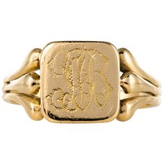 Ring in 18 karat yellow gold, horse's head hallmark. The top of this antique signet ring is square and has the initials J G B. On either side, three openwork palmettes give the start of the ring. Height : 10.3 mm, width : 10 mm, thickness : about 2 mm, width at the base of the ring : 2.6 mm. Total weight of the jewel : approximately 5.5 g. US Size : 9 ; Free resize, please contact us. Authentic antique jewel - French work from the beginning of the 20th century. Patina and small scratches of time Engraved Signet Ring, Antique Gold Rings, Arm Wear, Signet Ring Men, Gold Sign, Signet Rings, J G, Gold Signet Ring, Gold Engraving