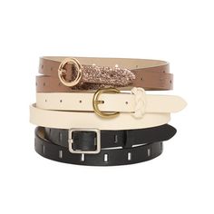 This a.n.a women's 3-piece belt set is an essential accessory addition for your wardrobe. The set includes three belts made from pebbled faux leather in assorted colors with metallic buckles. Style them with all your favorite jeans and pants. # Pieces In Set: 3Base Material: 100% PolyurethaneFabric Description: Faux LeatherBelt Width: 3/4 InCare: Spot CleanCountry of Origin: Imported Womens Belt, Belt Black, Suspender Belt, Black Belt, Belts For Women, Suspenders, Favorite Jeans, Handbag Accessories, 3 Piece