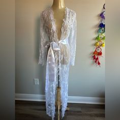 White Lace Dressing Robe Size S/M Inside Sleeve 18’ Shoulder To Hem 58’ New Fitted Lace Wedding Robe, Fitted Lace Robe For Wedding Night, Fitted Formal Robe For Spring, Long Lace Robe For Wedding Night, Long Wedding Robe With Lace Trim, Long Lace Dress For Daywear, White Lace Trim Robe For Wedding Night, White Feminine Fitted Robe, White Robe With Lace Trim For Wedding Night