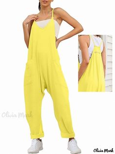 Olivia Mark - Sleeveless Jumpsuit with Wide Shoulder Straps and Pockets Long Pant Jumpsuit, Straps Jumpsuit, Solid Color Shirt, Long Jumpsuits, Elastic Waist Pants, Sleeveless Jumpsuits, Lemon Yellow, Wide Leg Jumpsuit, Waist Pants