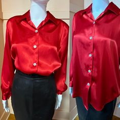 "Vintage 1980s silky feeling blouse. Shoulders are lightly padded. 100% polyester. Condition: Excellent Measurements (approx.+ laid flat): Shoulder-shoulder:15\" Pit-pit:21\" Sleeve:17.5\" Total length:30.5\" Follow us on IG for more shop updates @modern_m_vintage Check out our other listings: https://www.etsy.com/shop/ModernMilieuVintage Measurements are taken flat. Double bust(or pit), hips and waist measurements for complete measurement.  Color may look different in person than in the photo due to lighting. Condition: All items are pre-owned so expect some wear across all condition levels. ALL SALES FINAL" Luxury Fitted Red Blouse, Cheap Red Office Blouse, Luxury Collared Red Blouse, Luxury Red Collared Blouse, Cheap Red Business Shirt, Luxury Red Business Shirt, Luxury Red Blouse For Workwear, Luxury Red Slub Silk Blouse Piece, Luxury Red Cotton Silk Blouse