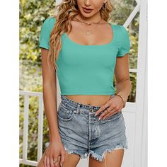 Green Square Neck Knit Crop Tops Casual Non-stretch Solid Color Crop Top, Crop Top Summer, Shirts Trendy, Fall Pullover, Short Sleeve Tunic Tops, Trendy Streetwear, Short Sleeve Crop Top, Green Square, Summer Crop Tops