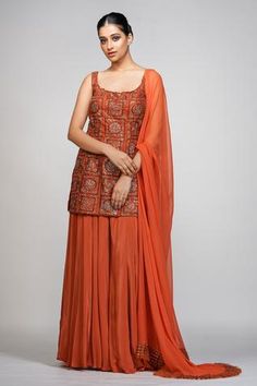 Shop for Shruti S Orange Silk Embroidered Kurta Sharara Set for Women Online at Aza Fashions Sleeveless Kurta, Sharara Pants, Kurta Sharara Set, Orange Suit, Kurta Sharara, Georgette Dupatta, Short Kurta, Geometric Motifs, Sharara Set