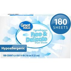 Great Value Free & Delicate Dryer sheets use a hypoallergenic formula with no perfumes or dyes to soften your clothes without irritating your skin. Your clothes will come out soft and free of static cling. Not only will your clothes feel great, but they'll look great, too. Wrinkles are reduced during the drying process, so you don't have to worry about whipping out the iron on a busy work day. Enjoy bath time and bedtime even more with sheets and towels that take on a new level of softness. Simply add one of our Great Value Free & Delicate Hypoallergenic Dryer Sheets to your load for laundry that smells fresh and feels great. This package contains one box of Great Value Free & Delicate Hypoallergenic Dryer Sheets, enough for 180 loads. Laundry Dryer, Dryer Sheets, Static Cling, Smell Fresh, Household Essentials, Bath Time, Feeling Great, Saving Money, No Worries