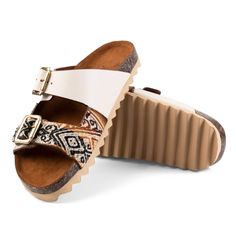 The untamed spirit of deserts across the Americas strike hot in these supremely comfortable and lightweight buckle sandals. Featuring authentic Peruvian textiles on the lower strap, contrasted with a clean white upper strap, you will wear these all season long. Easy slide on and go Two adjustable straps with brass pin buckles for precise fit Contoured footbed for support Vegan White Sport Sandals With Buckle Closure, White Sport Sandals With Buckle Closure And Round Toe, Comfortable White Sandals With Adjustable Strap, White Open Toe Footbed Sandals With Adjustable Strap, White Double Strap Footbed Sandals For Beach, White Footbed Sandals With Adjustable Strap, White Footbed Sandals With Adjustable Strap And Round Toe, White Slides With Adjustable Strap, White Open Toe Slides With Adjustable Strap