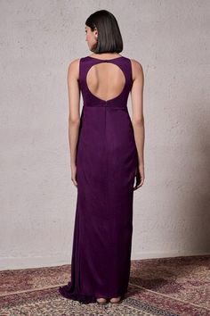 Purple crepe georgette padded draped gown with cutdana hand embellishments. - Aza Fashions Gowns Purple, Draped Gown, Drape Gowns, Embellished Gown, Aza Fashion, Embellishments, Silk, Purple