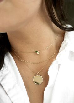 "𝗘𝗮𝘀𝘆 𝗧𝗼 𝗦𝘁𝘆𝗹𝗲, 𝗠𝗮𝗱𝗲 𝗧𝗼 𝗟𝗮𝘀𝘁 Our bold 3/4\" necklaces are easy to layer, elegant, and ready to be personalized with your most special sentiments, moments, and memories! Created to last a lifetime, these necklaces will remain evergreen even as the years and trends come and go. 𝗠𝗮𝘁𝗲𝗿𝗶𝗮𝗹𝘀 𝗪𝗲 𝗨𝘀𝗲 This necklace is made entirely with sturdy 14k yellow gold filled, 14k rose gold filled, or sterling silver pieces. It is safe to wear in the shower, but we recommend avoi Dainty 14k Gold-filled Medallion Jewelry, Dainty 14k Gold Filled Medallion Jewelry, Gold Plated Birthstone Necklace With Round Pendant, Everyday 14k Gold Filled Coin Pendant Jewelry, 14k Gold Medallion Jewelry With Birthstone, 14k Gold Medallion With Birthstone Jewelry, Yellow Gold Coin Necklace With Nickel-free Round Pendant, 14k Gold Medallion With Birthstone, Nickel-free Yellow Gold Coin Necklace With Round Pendant