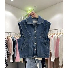 Women Sleeveless Leisure New Solid Color Denim Vest Spring Autumn Retro Fashion Loose Versatile Polo Female Cowboy, Cowboy Vest, Waistcoat Fashion, Womens Denim Vest, Denim Inspiration, New Retro, Sleeveless Jacket, Denim Cotton, Denim Vest