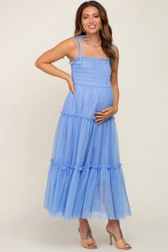 Light Blue Smocked Mesh Maternity Midi Dress– PinkBlush Summer Tiered Maternity Dress, Summer Maternity Dress With Smocked Bodice, Summer Maternity Smock Dress, Maternity Tiered Dress With Smocked Bodice, Spring Maternity Dress With Ruffle Hem, Spring Maternity Tiered Dress, Spring Maternity Wear Tiered Dress, Tiered Summer Maternity Dress, Tiered Maternity Dress For Summer