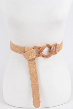 Introducing the Link Cuff Elastic Belt: a sophisticated and unique accessory to elevate any look. Crafted with premium elastic fabric, this statement belt features a stylish and secure clasp closure that offers a one-of-a-kind link cuff design. Perfect for everyday wear or special occasions, this luxurious belt will instantly add an elevated touch to your wardrobe. PVC/ELASTIC APPROX. WIDTH:1.25". LENGTH:47" Chic Adjustable Brown Belt, Trendy Adjustable Brown Belt, Chic Adjustable Rope Belt, Modern Adjustable Brown Belt, Elegant Belts For Beach, Trendy Adjustable Belts, Trendy Adjustable Belts For Spring, Trendy Adjustable Belt For Spring, Elegant Fabric Belt For Beach