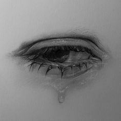 a drawing of an eye with tears on the iris's lashes and water drops coming out of it