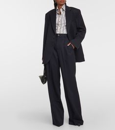 Classic Wide-leg Office Pantsuit, Wool Suits With Straight Leg, Wool Suits With Straight Leg For Work, Wool Suits For Work With Straight Leg, Formal Wide-leg Dress Pants For Fall, Timeless Business Casual Pantsuit With Welt Pockets, Wool Wide Leg Pants For Formal Fall Occasions, Fall Formal Wide Leg Pants With Welt Pockets, Timeless Pantsuit With Welt Pockets For Business Casual