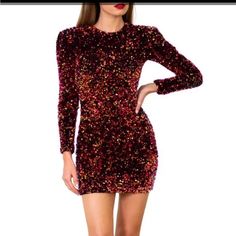 Show-Stopping Sequin Mini Dress. Red/Orange/Pink Iridescent Sequins Cover The Entire Thing And Give It A Different Look/Color Depending On The Light You Are In. Thick Padding In The Shoulders. Fully Lined With A Back Hidden Zipper. Dress Has Some Stretch. Underarm 18” Flat Waist 14” Length 33” Dress Is Brand New And Unworn, But Has Been Kept On The Sales Floor And Tried On In Store. Negligible Or Minor Imperfections May Be Present Due To The Delicate Nature Of The Dress And The Handling Process Mini Dress Red, Short Faux Fur Jacket, Mock Neck Mini Dress, Pink Iridescent, Tour Outfits, Pink Bodycon Dresses, Zipper Dress, Silk Floral Dress, Ruffle Mini Dress