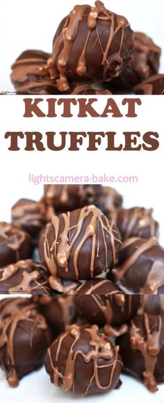 chocolate covered caramels are stacked on top of each other with the words kitkat truffles above them