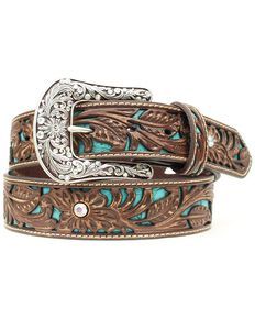 Ariat Tooled Turquoise Leather Inlay Belt, Brown Leather Inlay, Western Belt, Turquoise Leather, Belts, Buckle, Turquoise, Flowers, Leather, White