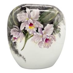 a white vase with flowers painted on it