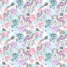 a pattern with pink roses and unicorns on it's sides, in pastel colors