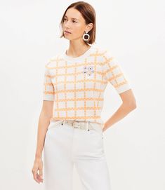 Floral Embroidered Gingham Sweater Tee Spring Preppy Cotton Sweater, Spring Preppy Knit Tops, Preppy Knit Tops For Spring, Preppy Spring Knit Tops, Spring Preppy Workwear Sweater, Preppy Gingham Tops For Spring, Spring Preppy Gingham Tops, Spring Gingham Preppy Tops, Casual Gingham Crew Neck Top