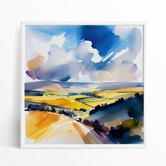 watercolor painting of rolling hills and fields in the distance with blue sky above them