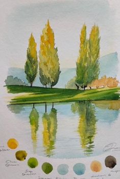 a watercolor painting of trees and their reflection in the water with color swatches