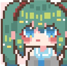 a pixel art girl with green hair and blue eyes