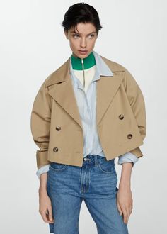 Cropped trench coat with lapels - Women | Mango USA Wool Trench Coat Short, Winter Short Trench Coat, Trench Coats Short Women, Luxury Cream Leather Jacket For Workwear, Beige Trench Coat Short, Cropped Trench Coat, Summer Jacket, Cashmere Coat, Fall Fashion Trends