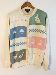 Vintage Eddie Bauer Pastel Rabbits Bunny Easter Cardigan Sweater Women's Size Large. Pre-owned, in good condition with light wear, has a few stain/marks couple on front, sleeves and on back. Please see pictures. Pit to pit: 22" Shoulder to bottom: 24" (a29) Oversized Grandma Sweater, Rabbit Sweater, Vintage Eddie Bauer, Vintage Holiday Outfit, Easter Cardigan, Cardigan Vintage, Rabbit Clothes, Fall Fit, Vintage Cardigan