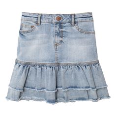 Light wash denim skirt featuring two tiers and raw hem in super soft stretch denim. Machine wash Imported Style Number: S110B10008, S110B10008_1486 Ruffle Denim Skirt, Colorful Skirts, Tennis Skirts, Upcycle Jeans, Jeans Bag, Light Wash Denim, Ruffle Skirt, Toddler Outfits, Comfortable Shoes