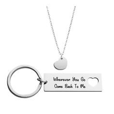 PRICES MAY VARY. The keychain and necklace set is made from high-quality stainless steel polished on all sides. Stainless steel won't tarnish or rust! Item Size: Keyring Diameter :30mm, Rectangle Tag: 50 * 16mm * 2mm; Chain Length: 46cm + 5cm Extension. This keychain and necklace set is a great memento for a deploying partner, boyfriend, girlfriend, husband or wife. Available for most occasions, such as Birthday, Valentine's day, Wedding, Anniversary, Thanksgiving, Christmas Day and so on. HAPPI Gifts For Boyfriend Going Abroad, Keychain For Boyfriend, Boyfriend Necklace, Couples Jewelry, Come Back To Me, Christmas Packaging, Stainless Steel Polish, Couple Jewelry, Silver Heart Necklace