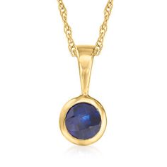 Ross-Simons - .28 Carat Sapphire Pendant Necklace in 14kt Yellow Gold. 18". RS Pure. Modern designs that complete your outfit and complement your personality. Sophisticated and simple, this dainty necklace features a .28 carat sapphire pendant on a small rope chain. Springring clasp, sapphire pendant necklace. Sapphire birthstones are the perfect gift for September birthdays. Formal Round Birthstone Necklace With Delicate Chain, Classic Birthstone Necklace With Delicate Chain For Formal Events, Yellow Gold Birthstone Necklace With Delicate Chain For Formal, Formal Yellow Gold Birthstone Necklace With Delicate Chain, Formal Yellow Gold Necklace With Birthstone, Formal Yellow Gold Necklaces With Birthstone, Dainty Round Pendant Birthstone Necklace For Formal Occasions, Dainty Round Pendant Birthstone Necklace For Formal, Fine Jewelry Yellow Gold Birthstone Necklace For Formal Occasions