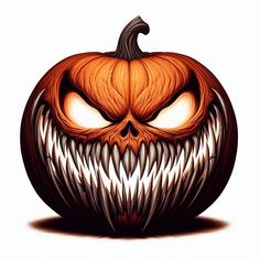 a pumpkin with an evil face painted on it's front and back sides, as well as the eyes