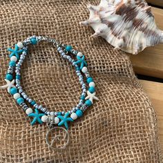 “Bahia Honda” Stars Anklet With Wave Charm White & Turquoise Colored Stars With Double Bracelets (They Are Attached)Silver Seed Beads And Adjustable Silver Clamp Star Anklet, White Turquoise, Colour Star, Turquoise Color, Blue And Silver, Jewelry Crafts, Anklets, Seed Beads, Beaded Jewelry